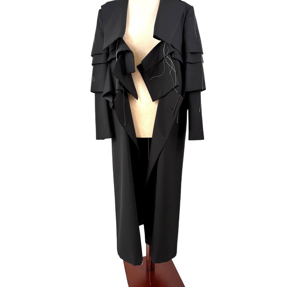 NWT Sacai blk womens frayed destructed trench coat with thread detailing size 2